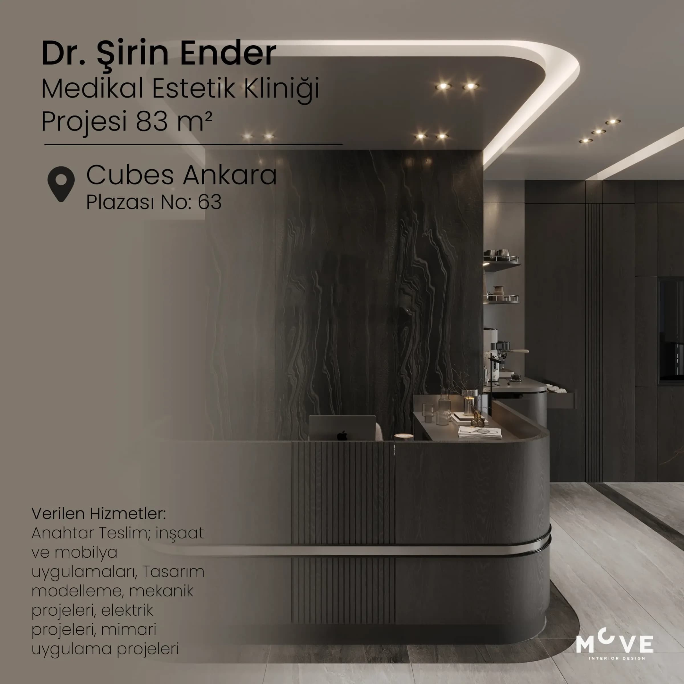 Dr. Şirin Ender'e ait Medikal Estetik Kliniği projesi. Cubes Ankara'da gerçekleştirilen anahtar teslim tasarım, modelleme, inşaat ve mimari uygulama projesi.