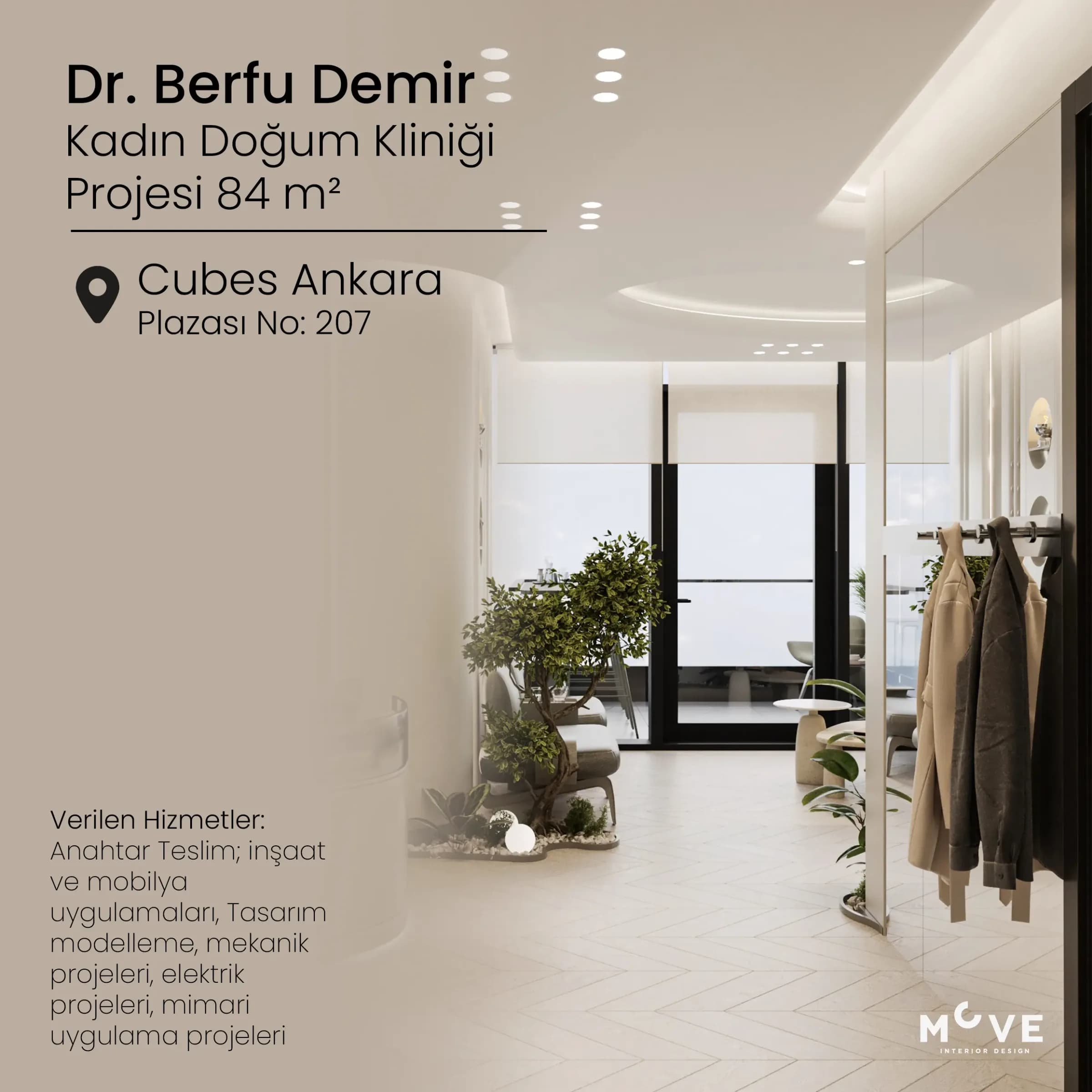 Dr. Berfu Demir'e ait modern ve ferah Kadın Doğum Kliniği iç mekan tasarımı. Cubes Ankara'da bulunan 84 metrekarelik bu proje; tasarım modellemesinden anahtar teslim inşaat ve mobilya uygulamalarına kadar eksiksiz tamamlanmıştır.